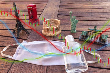 Fototapeta premium Famous monuments like eiffel tower, coliseum etc on a wooden table, also a face mask and a disinfectant. related to global pandemic theme and virus . And trading and finance charts on the top.
