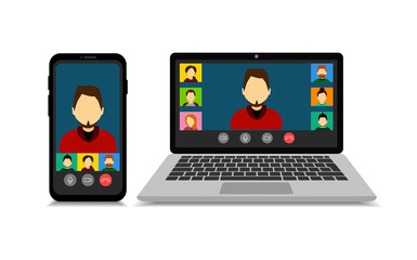 Mockup group video calls on a smartphone and laptop in cartoon style. Video conference. Online meetings. Quarantine.