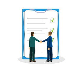 Partners shake hands. Document papers. Agreement and contract. Vector flat design.