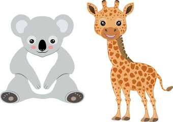 Cute animal character. Smiling koala and giraffe illustration isolated on white background.