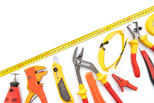 A set of tools for home repair on a white background.