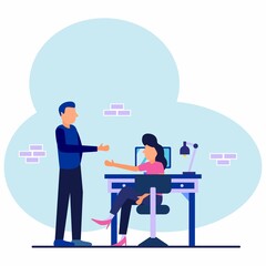 The business woman sits at a desk with a computer and her colleague points to the screen and gives advice. Office business concept. Modern vector illustration.
