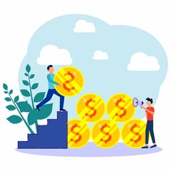 Vector illustration, building from coins, investment management, companies involved in joint construction and cash profit planting, career growth towards success, flat color icons, business analysis.
