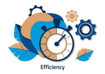 Creative icon for efficiency, productivity. Sign of a stopwatch, gears on a background of leaves. Vector