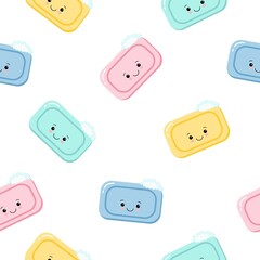 Seamless pattern pieces of solid soap cute happy character. Color illustration on a white background.