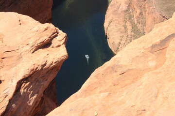 People are floating on an inflatable raft. View from above. Grand Canyon. USA.