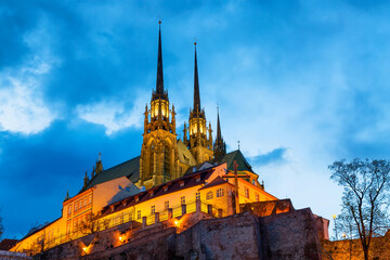 Cathedral of St Peter and Paul in Brno, Moravia, Czech Republic during sunset twilight. Famous landmark in South Moravia.
