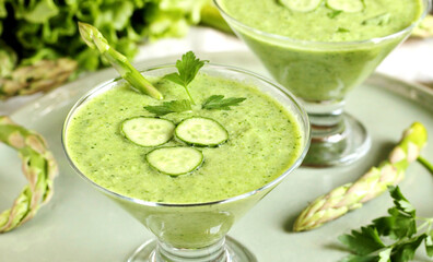 gazpacho cold soup from avocado, asparagus and cucumber. detox diet. Vegetarian dish. 