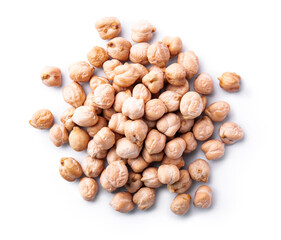 Heap of raw chickpea beans isolated on white background. Healthy vegetarian food concept. Pile of uncooked chickpeas, top view