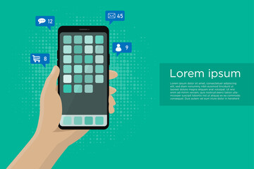 Hand holding modern smartphone with notification icons. Graphic design with copy space for banner website and advertisement. Turquoise color background. Flat design vector illustration.