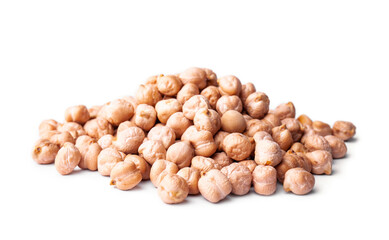 Heap of raw chickpea beans isolated on white background. Healthy vegetarian food concept. Pile of uncooked chickpeas