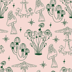 Beautiful hand drawn line mushroom seamless pattern. Floral, ornate, decorative, tribal, forest vector design elements.