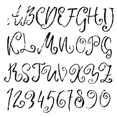 Hand drawn curly display font made by dry brush. Grunge style retro alphabet