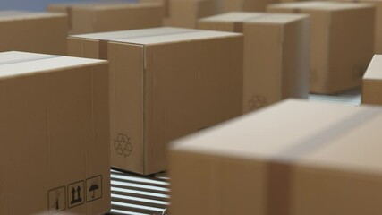 4K Loop Cardboard boxes on conveyor belt line isolated on white grey background. Distribution warehouse. E-commerce, storage, delivery and packaging service concept. Close up, DOF. 3d animation - Powered by Adobe
