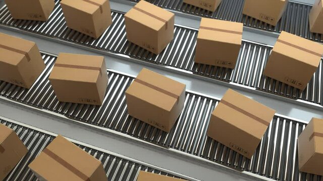 4K Loop Cardboard boxes on conveyor belt line isolated on white grey background. Distribution warehouse. E-commerce, production, storage, delivery and packaging service concept. 3d animation render