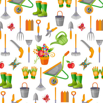 Seamless pattern with gardening tools on white background. Backdrop with equipment for crops cultivation, agricultural work and growing plants.
