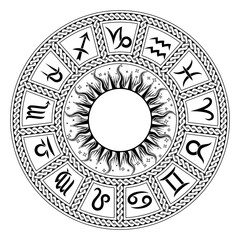 Zodiac circle with astrological symbols. 13 signs of the zodiac. Vector vintage illustration.