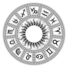 Zodiac circle with astrological symbols. 13 signs of the zodiac. Vector vintage illustration.