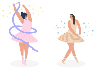 Obraz na płótnie Canvas Set of ballerinas in tutu and pointe shoes, dancing and posing. Modern flat vector illustration