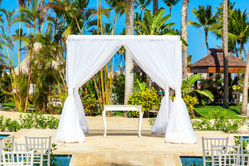 Beautiful wedding arch setup on tropical luxury resort