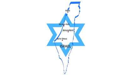Map of Israel in the form of a ribbon with the designation of the main cities Jerusalem, Tel Aviv, Beer Sheva, Haifa and a Jewish star. Vector on a white background