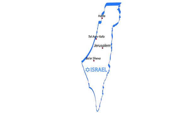 Map of Israel in the form of a ribbon with the designation of the main cities Jerusalem, Tel Aviv, Beer Sheva, Haifa. Jewish star near country name Israel. Vector on a white background