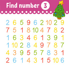 Find number. Education developing worksheet. Activity page with pictures. Game for children. Color isolated vector illustration. Funny character. Cartoon style.