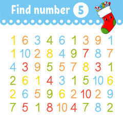 Find number. Education developing worksheet. Activity page with pictures. Game for children. Color isolated vector illustration. Funny character. Cartoon style.