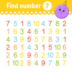 Find number. Education developing worksheet. Activity page with pictures. Game for children. Color isolated vector illustration. Funny character. Cartoon style.