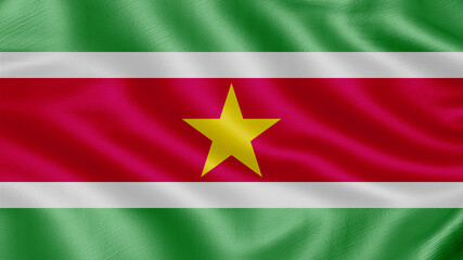 Obraz premium Flag of Suriname. Realistic waving flag 3D render illustration with highly detailed fabric texture.