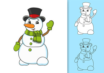 Snowman in hat and scarf waving. Set of vector illustrations isolated on white and colored background. Design element. Black stroke. Cartoon style.