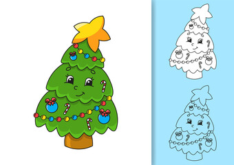 Fairytale Christmas tree with a star. Set of vector illustrations isolated on white and colored background. Design element. Black stroke. Cartoon style.