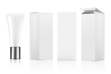 Tube Mock up Realistic Cosmetic, Silver Lid and Box 3 Side for Skincare merchandise on isolated White Background Illustration. Health Care and Medical Concept Design.