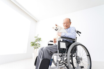 犬を飼う車椅子に乗った高齢の男性