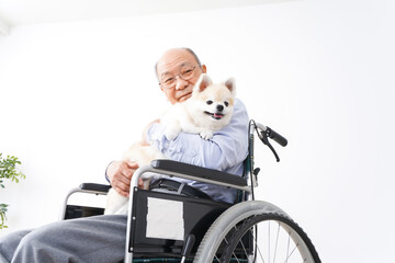 犬を飼う車椅子に乗った高齢の男性