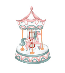 Vintage carousel with horses. Amusement park, children's carousels. Hand-drawn illustration on white isolated background