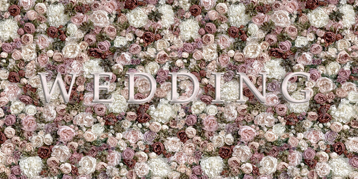 Lettering Wedding on a floral background of muted pink and white peonies