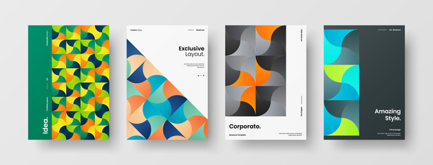 Fototapeta premium Company identity brochure template collection. Business presentation vector A4 vertical orientation front page mock up set. Corporate report cover abstract geometric illustration design layout bundle.