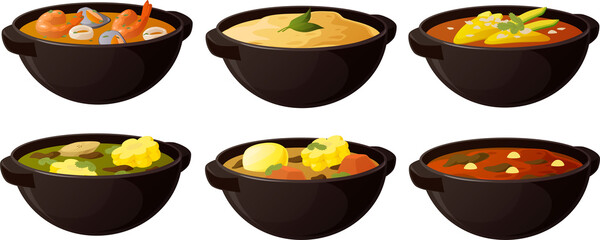 Vector illustration of various South American, Latin American and Central American traditional typical food soup dishes isolated on white background.