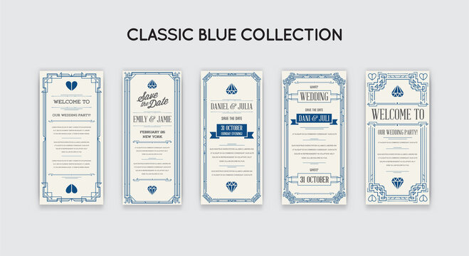 Set of Great Gatsby Style Invitation in Art Deco or Nouveau Epoch 1920's Gangster Era Collection. Trendy Classic Blue Color.