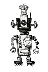 Robot, vintage toys and character. Ink illustration.