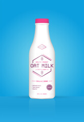 Oat Milk Oatmeal Bottle with Colorful Background. Healthy Organic Product. Vector Illustration. Advertising Template. Print.