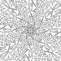 Curved lines, curls mandala. Abstract coloring book page. Circles and lines, shapes. Dynamic contour repeating elements Beautiful pattern relaxation black and white ornament. Vector meditative drawing