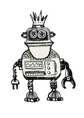 Robot, vintage toy and character. Ink illustration.	
