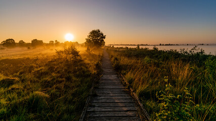 Fototapeta na wymiar misty morning sunrise in the bog with wooden path