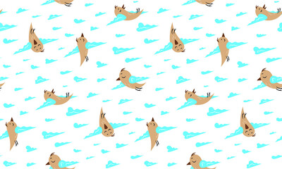 Kid's cute sleepy birds cloudy wings pattern. Vector. Seamless.