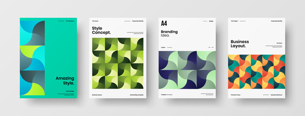 Naklejka premium Company identity brochure template collection. Business presentation vector A4 vertical orientation front page mock up set. Corporate report cover abstract geometric illustration design layout bundle.
