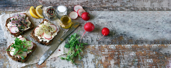 Open sandwiches with white cheese, radish and microgreens. Healthy toast for breakfast or snack.