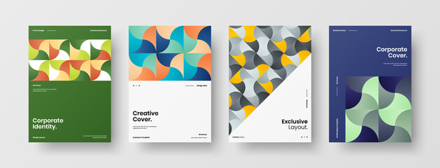 Fototapeta premium Company identity brochure template collection. Business presentation vector A4 vertical orientation front page mock up set. Corporate report cover abstract geometric illustration design layout bundle.