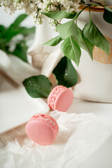 Obraz na płótnie Canvas Pink macaroon cookies among white flowers of lilac and green leaves. Food photography. Advertising and commercial close up design.